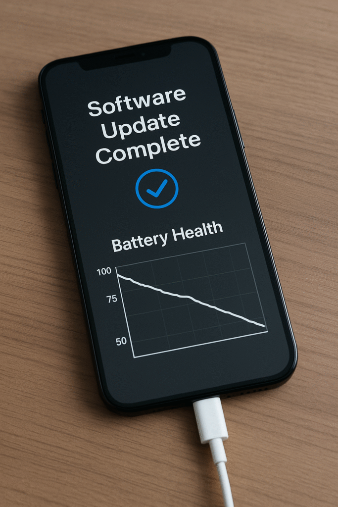 Smartphone displaying “Software Update Complete” with a downward battery health graph, symbolizing faster battery drain after updates — CT Fix Wireless repair experts.