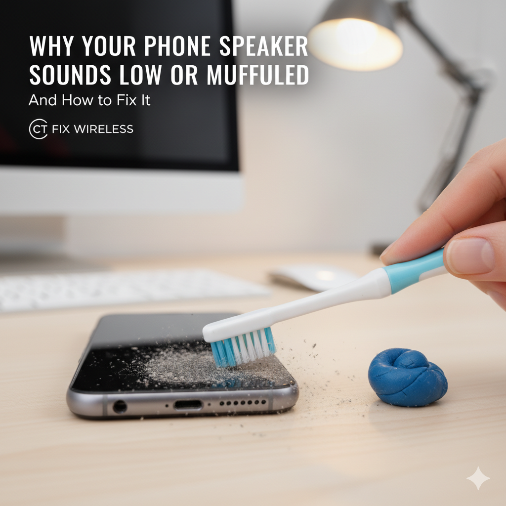 A person cleaning a smartphone speaker with a toothbrush and cleaning putty.
