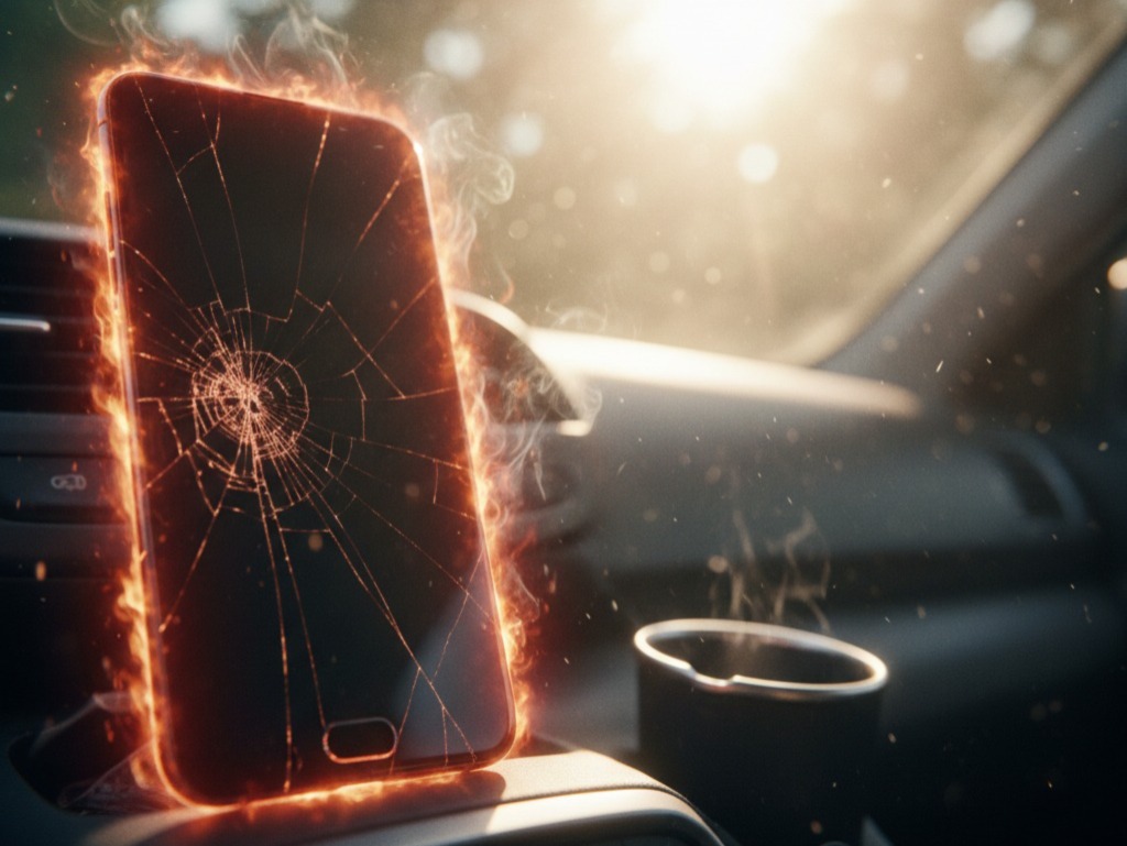 A smartphone with a cracked screen glowing red with heat and smoke, left on the dashboard of a hot car in direct sunlight.