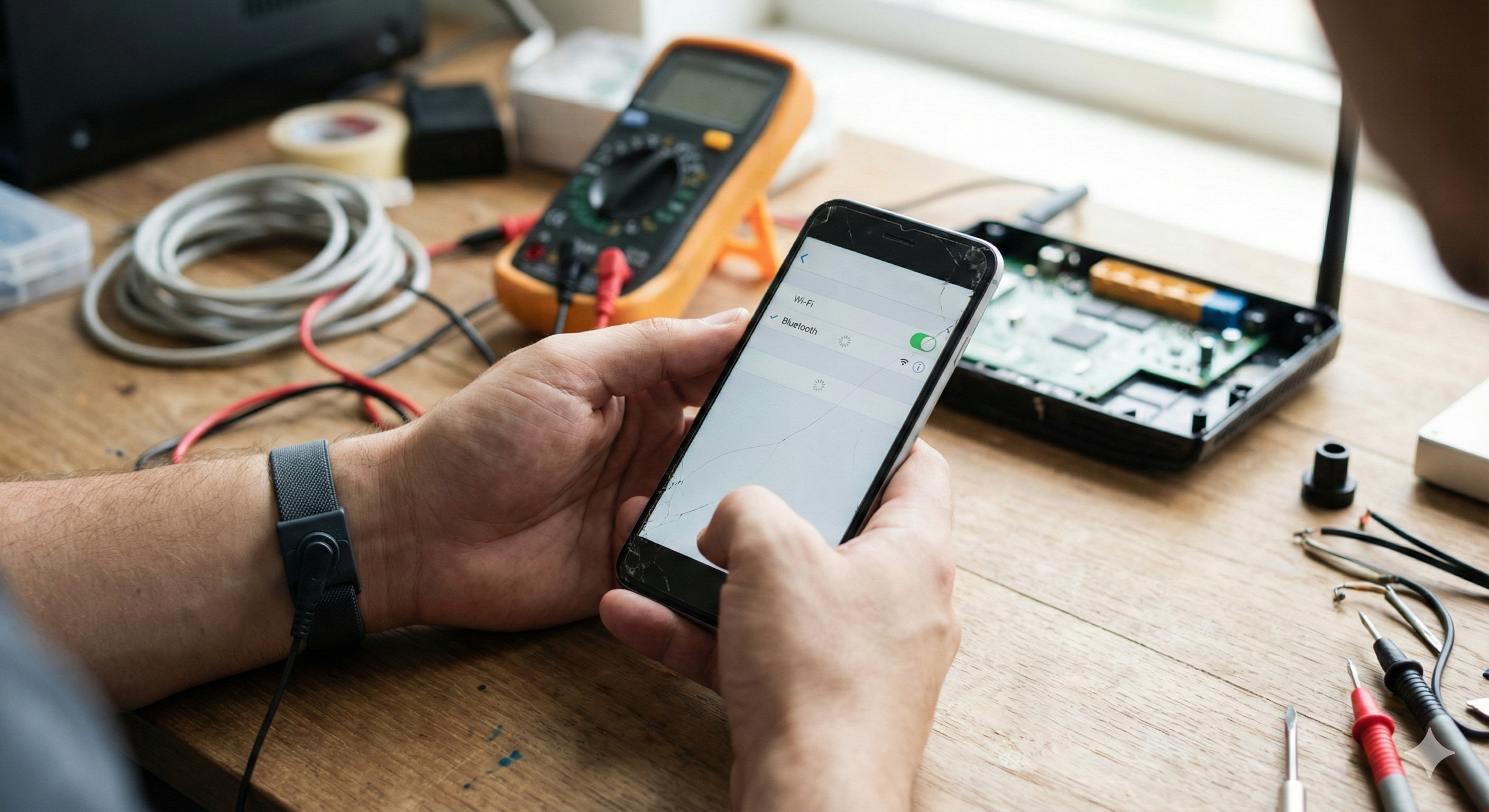 A technician's hands holding a smartphone with a cracked screen displaying Wi-Fi and Bluetooth connection settings on a busy repair workbench with tools and a multimeter.