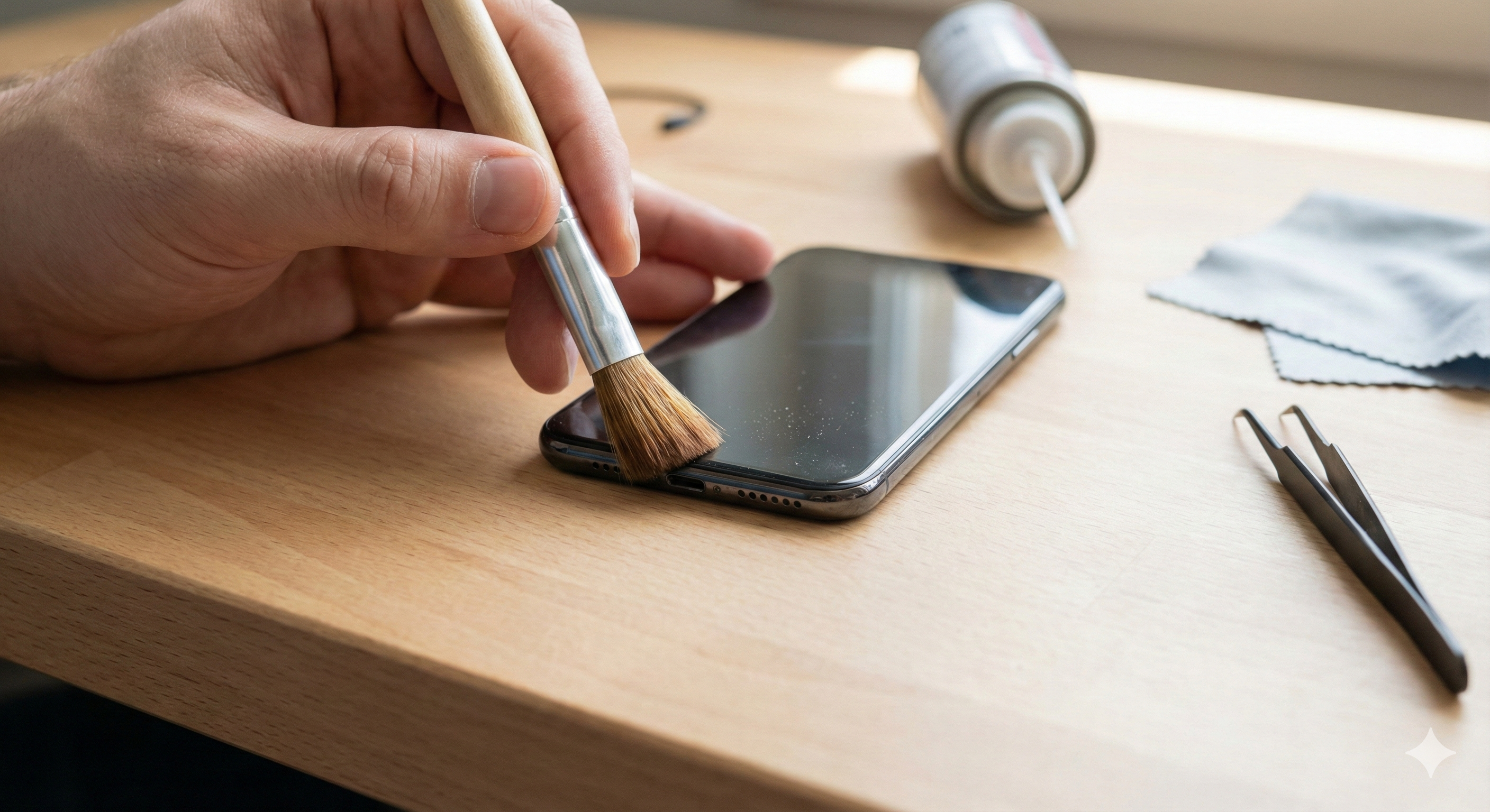 A close-up view of a hand using a small brush to gently clean dust from a smartphone's microphone port on a wooden workbench.