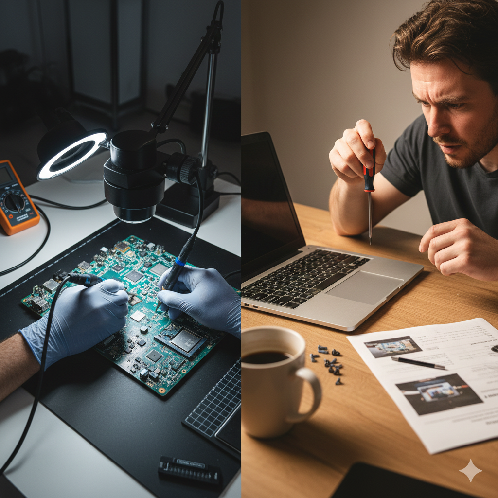 A side-by-side conceptual image showing a cluttered home DIY computer repair setup with a screwdriver versus a clean, professional technician workstation with high-end diagnostic tools and an anti-static mat.