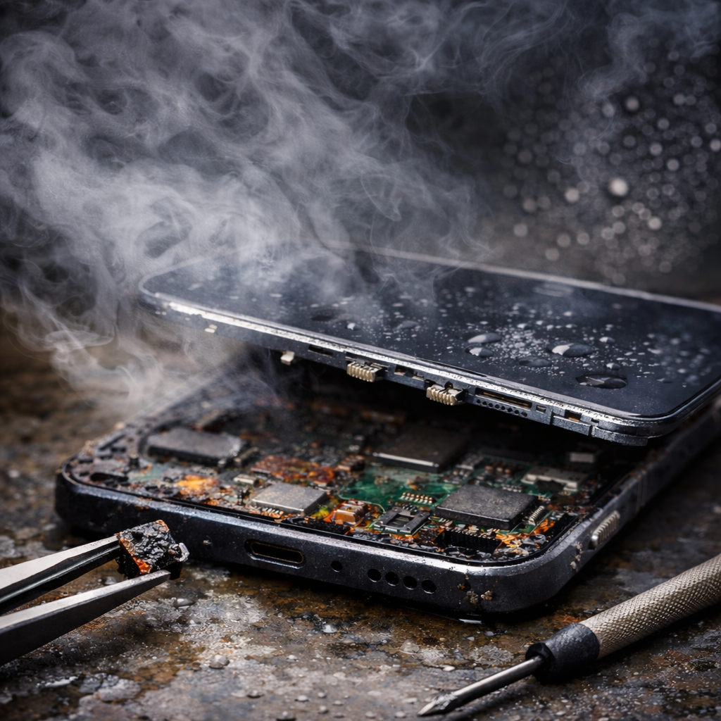 Damaged smartphone repair close-up

