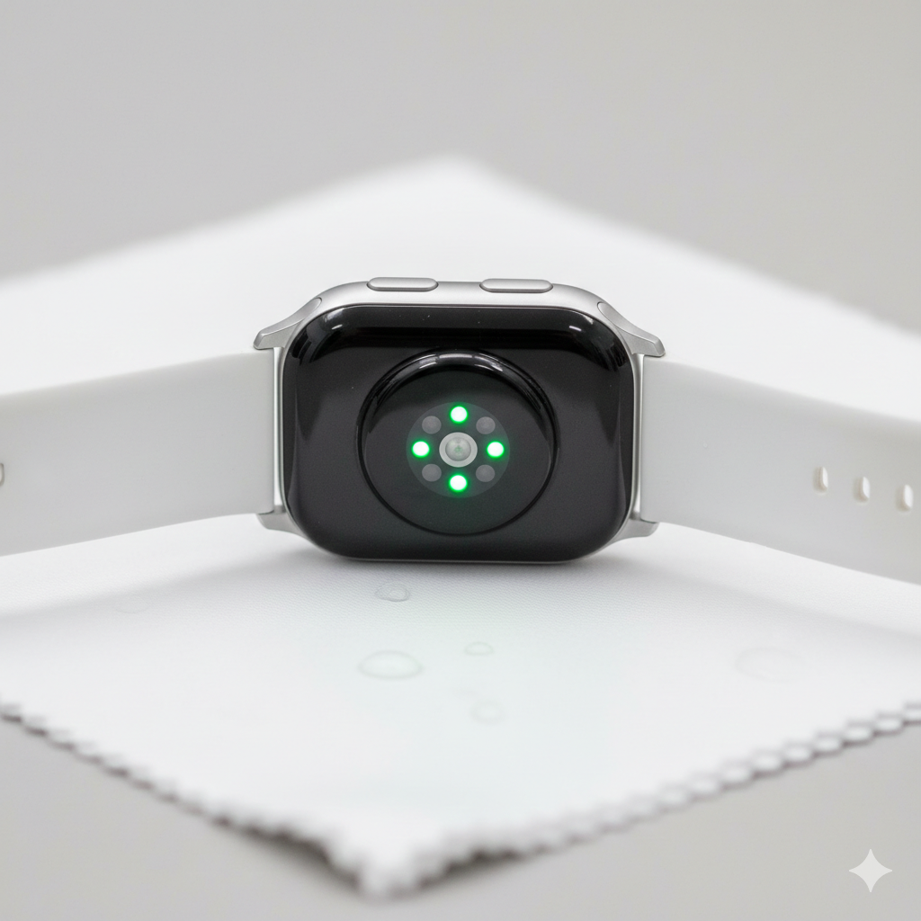 Close-up of a clean smartwatch optical sensor array glowing with green light on a white microfiber cloth to ensure smartwatch sensor accuracy.