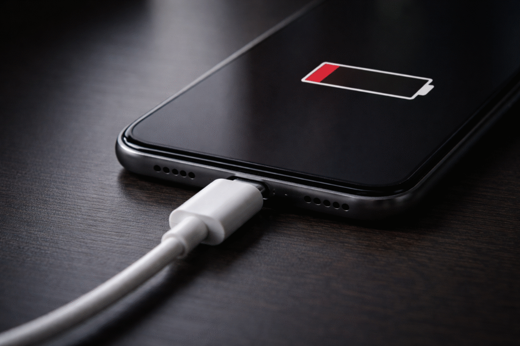 Phone won't charge even when plugged in — smartphone connected to USB-C cable showing empty battery icon on screen