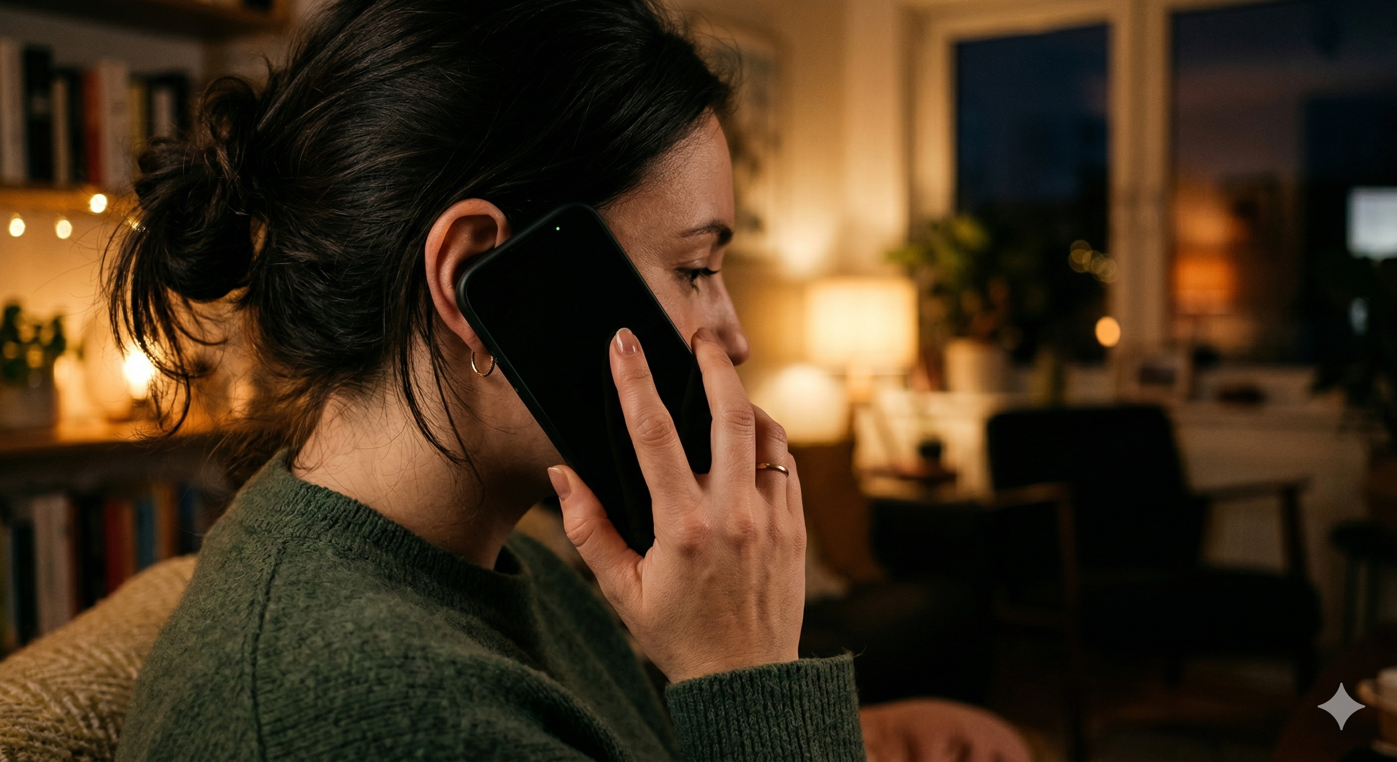 Person holding smartphone with black screen during active phone call — phone screen goes black but still works due to backlight or proximity sensor failure
