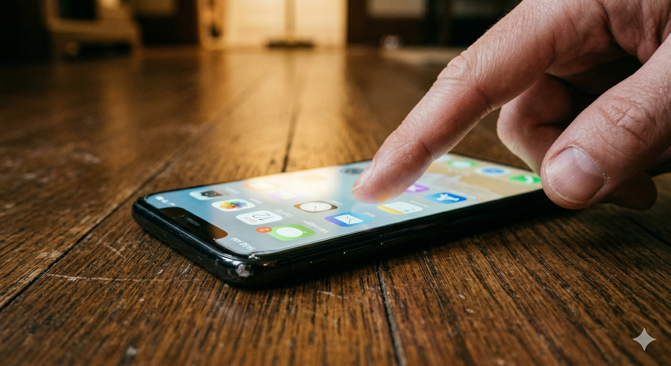 Smartphone with lit screen lying on wooden floor not responding to touch after being dropped — phone screen won't respond to touch after drop