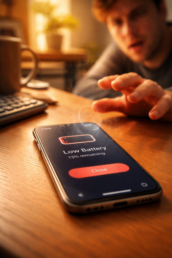 Overheating smartphone showing rapid battery drain warning — phone gets hot and battery drops fast from runaway process or hardware failure
