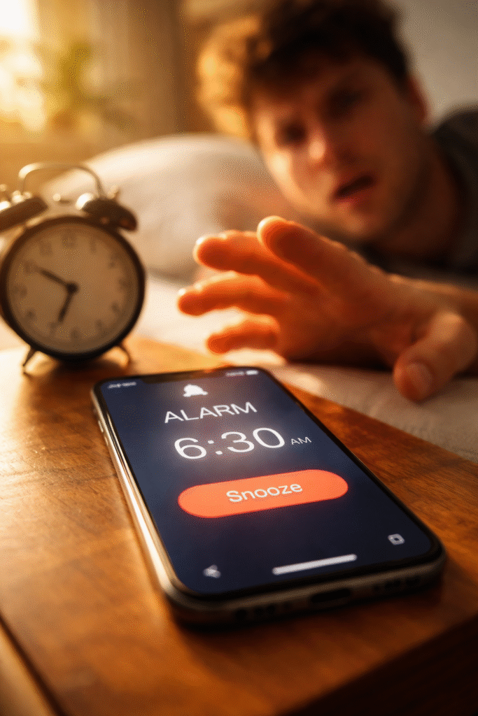 Morning alarm on a wooden nightstand